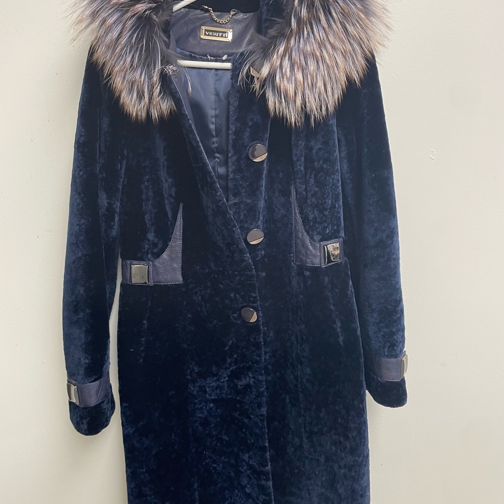 Navy velvet, lambskin and fur trimmed dress  coat.